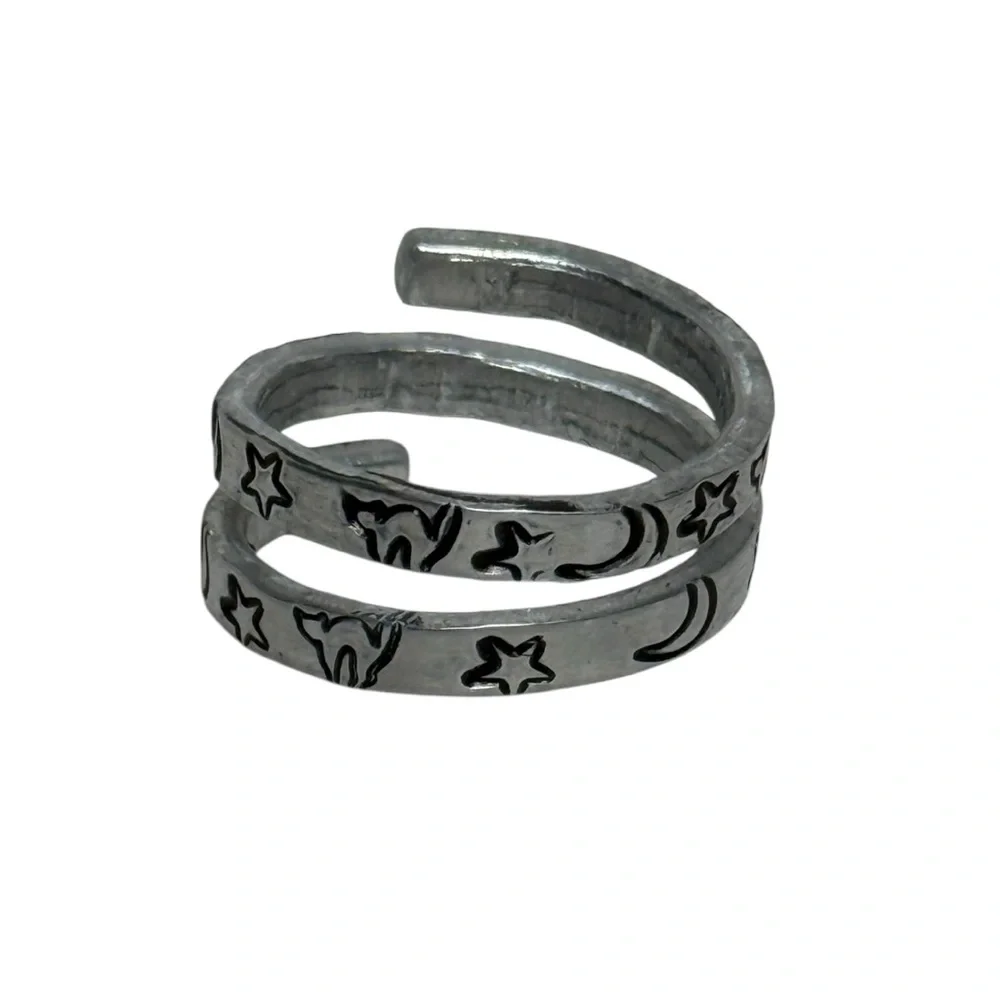 Handmade stamped witch core celestial black‎ cat silver adjustable wrap ring